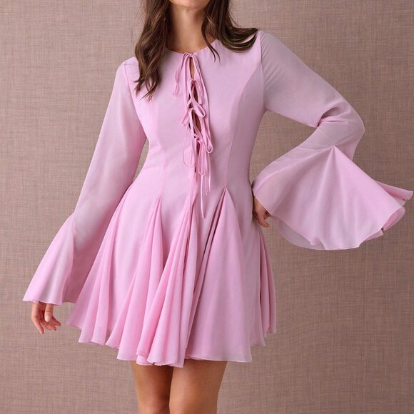 Pink Elegant Women's Romantic Flare Sleeve Mini Dress - Picture 5 of 7